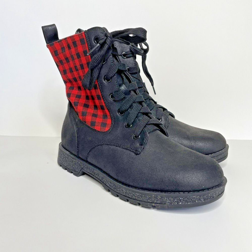 MIA Kids Boots Youth Girls 4  Kissia Side Zip Combat‎ Black & Red Plaid Holiday